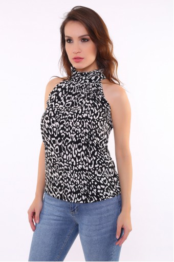 3 Renk Leopar desen halter yaka bluz