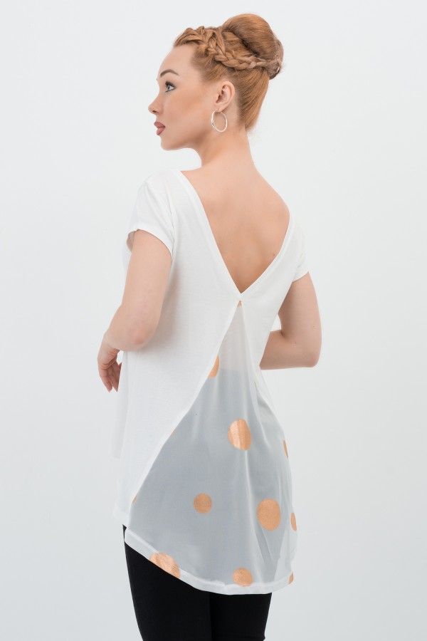 Ekru Sırtı Puantiyeli Tül Bluz