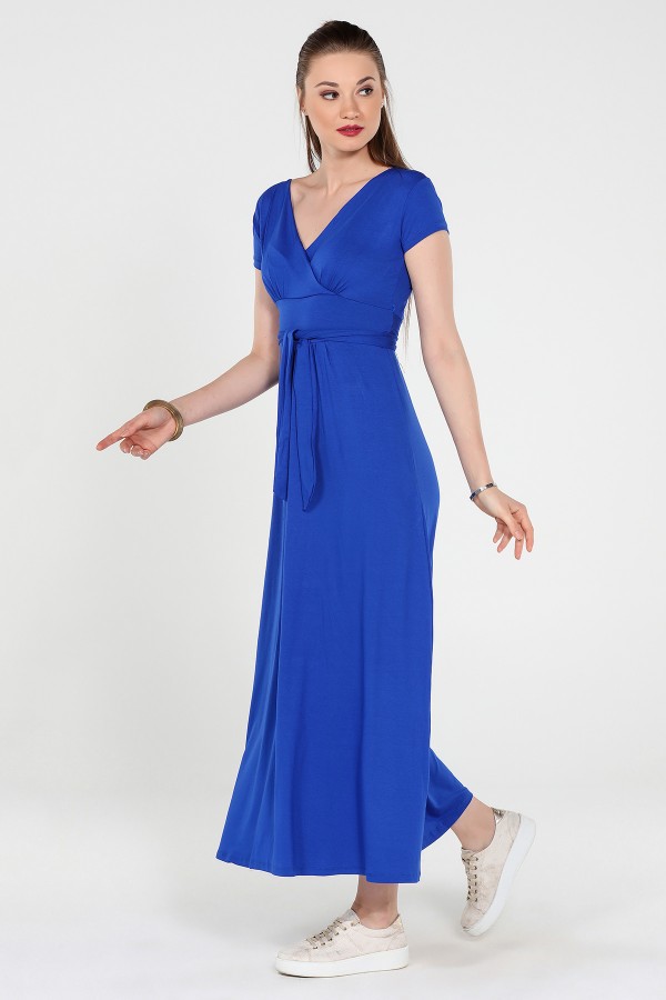 Sax Mavi Kruvaze Yaka Kısa Kollu Elbise