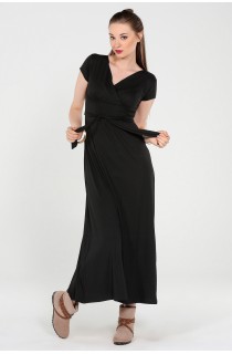 Siyah Kruvaze Yaka Kısa Kollu Elbise