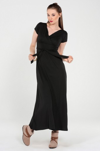 Siyah Kruvaze Yaka Kısa Kollu Elbise