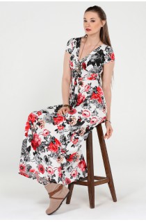 Ekru Çiçekli Kruvaze Yaka Kısa Kollu Elbise