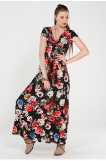 Siyah Çiçekli Kruvaze Yaka Kısa Kollu Elbise
