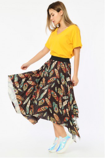 Kuş Tüyü Desenli Simetri Kesim Şifon Etek