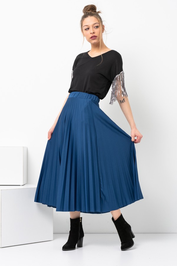 Lacivert Pileli Etek