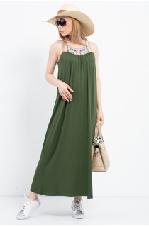 Haki Etnik Yaka Salaş Elbise