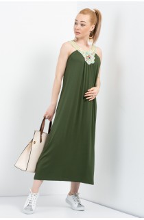 Haki V Yaka Etnik Desen Japone Kol Elbise