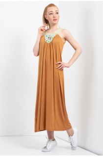 Hardal V Yaka Etnik Desen Japone Kol Elbise