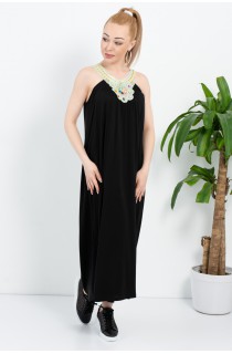 Siyah V Yaka Etnik Desen Japone Kol Elbise