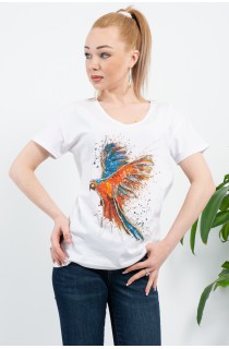 Ekru Papağan Baskılı Taş Detaylı T-Shirt