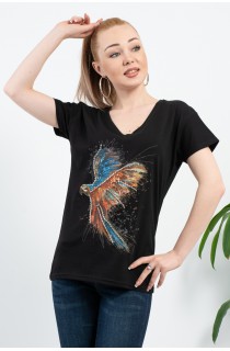 Siyah Papağan Baskılı Taş Detaylı T-Shirt