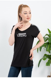 Siyah V Yaka Omuzları Payet Detaylı Bluz