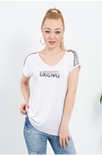 Beyaz V Yaka Omuzları Payet Detaylı Bluz