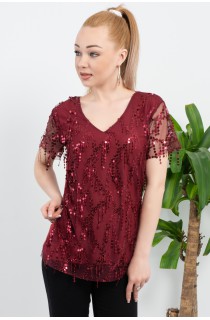 Bordo Şifon Pul Püskül Detay Kısa Kol Bluz 