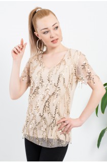 Kum Beji Şifon Pul Püskül Detay Kısa Kol Bluz