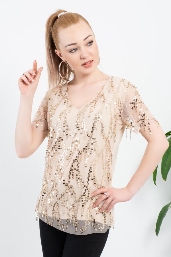 Kum Beji Şifon Pul Püskül Detay Kısa Kol Bluz