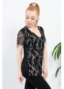 Siyah Şifon Pul Püskül Detay Kısa Kol Bluz