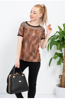 Kahve Desenli Yakası Ve Sırtı Transparan Bluz