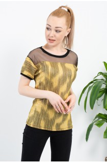 Hardal Desenli Yakası Ve Sırtı Transparan Bluz