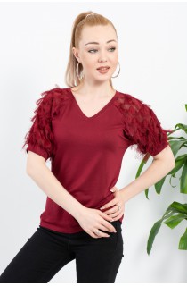 Bordo Omuzları Puanlı Püskül Detay Bluz