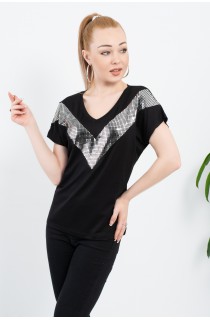 Siyah V Yaka Gümüş Payet Detay Kısa Kol Bluz