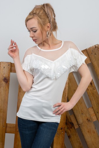 Ekru Önü Şifon Ve Püskül Detay Kısa Kol Bluz