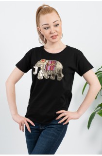 Siyah Önü Fil Aksesuarlı Zincir Detay T-Shirt