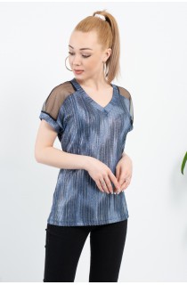 Gece Mavisi Desenli Omuzları Transparan Bluz