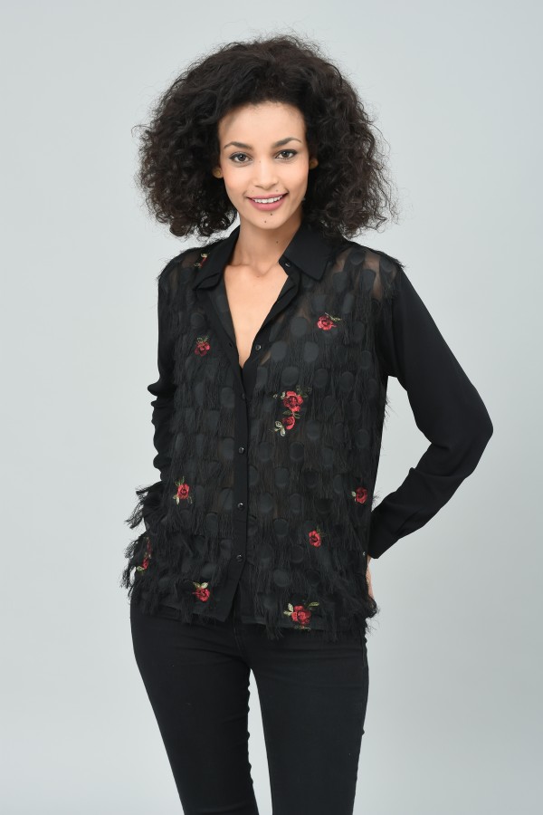 Siyah Önü Çiçekli Salsa Gömlek
